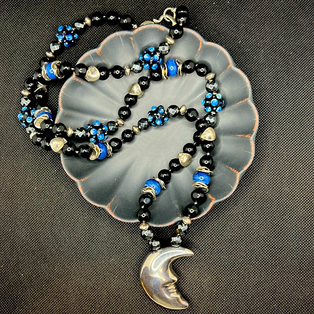 Stunning 925 Sterling Silver Moon pendant on Long Handmade Gemstone Necklace - Picture 6 of 10